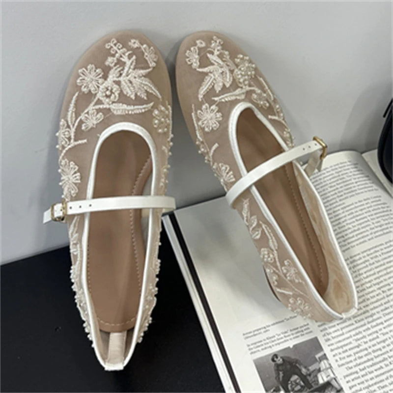 Aneikeh Fashion Spring Design Embroidery Flowers Flat Casual Ballet Dance Shoe Mary Jane  Mules Sandals 2026 Summer