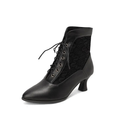 Women Victorian Ankle Boots Leather Lace Heel Shoes for women Fashion Lace Up Spliced Ladies High Heels Woman Boots Ankle 46
