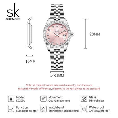 Shengke New Luxury Ladies Wristwatches Fashion Diamond Women's Quartz Watches Top Brand Woman's Gifts Clock Calendar Stainless S