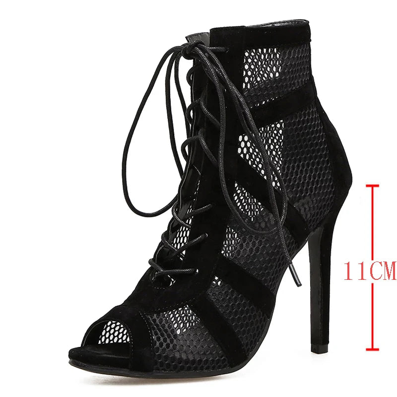 Black Sexy Lace Up Cross-tied Women Shoes Comfort High Quality Thin Heels Open Toe Dancing Sandals Ankle Strap Hollow Out Pumps