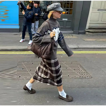 Plaid Skirt Women Checked Midi Skirt Fashion High Waist Pleated Irregular Slim Mid-length Bottom Lady Daily Commute Street Skirt
