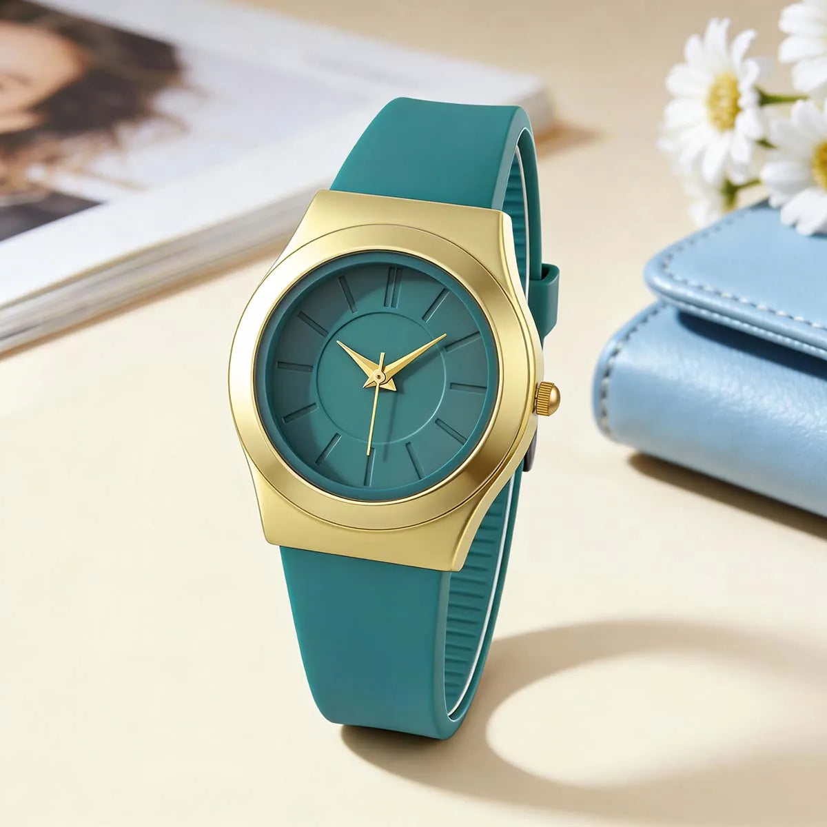 Women Minimalist Quartz Watch Soft Silicone Strap Gold Alloy Case Simple Line Dial Casual Ladies Watches