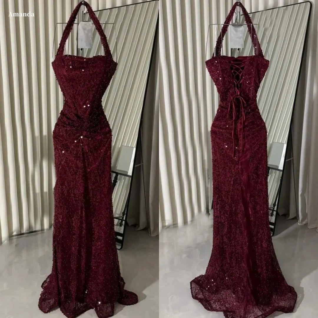Amanda Customized Wine Red Halter Prom Dress Beaded High Waist Split Satin Lace vestidos de noche Slim Mermaid Formal Evening