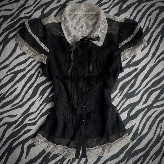 Y2K Gothic Punk subculture slim-fit short-sleeved top lace decoration streetwear high street fashion Harajuku women's clothing
