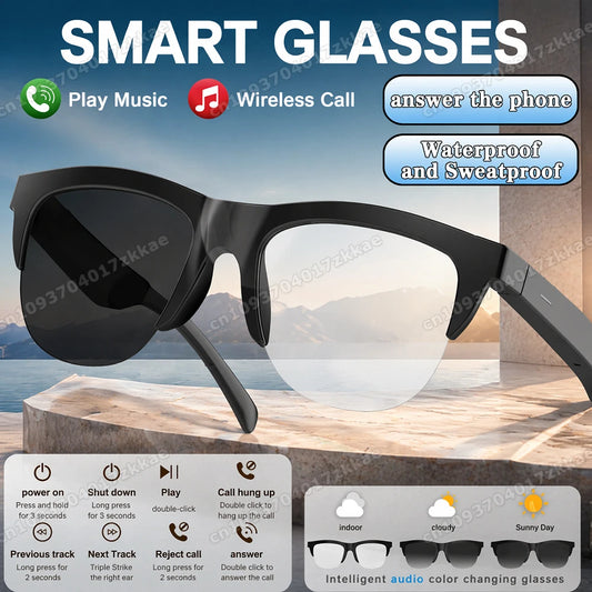Photochromic Lens Smart Glasses Touch Control Hands-Free Calls Music Remote Camera Voice Assistant Travel Sports Smartsunglasses