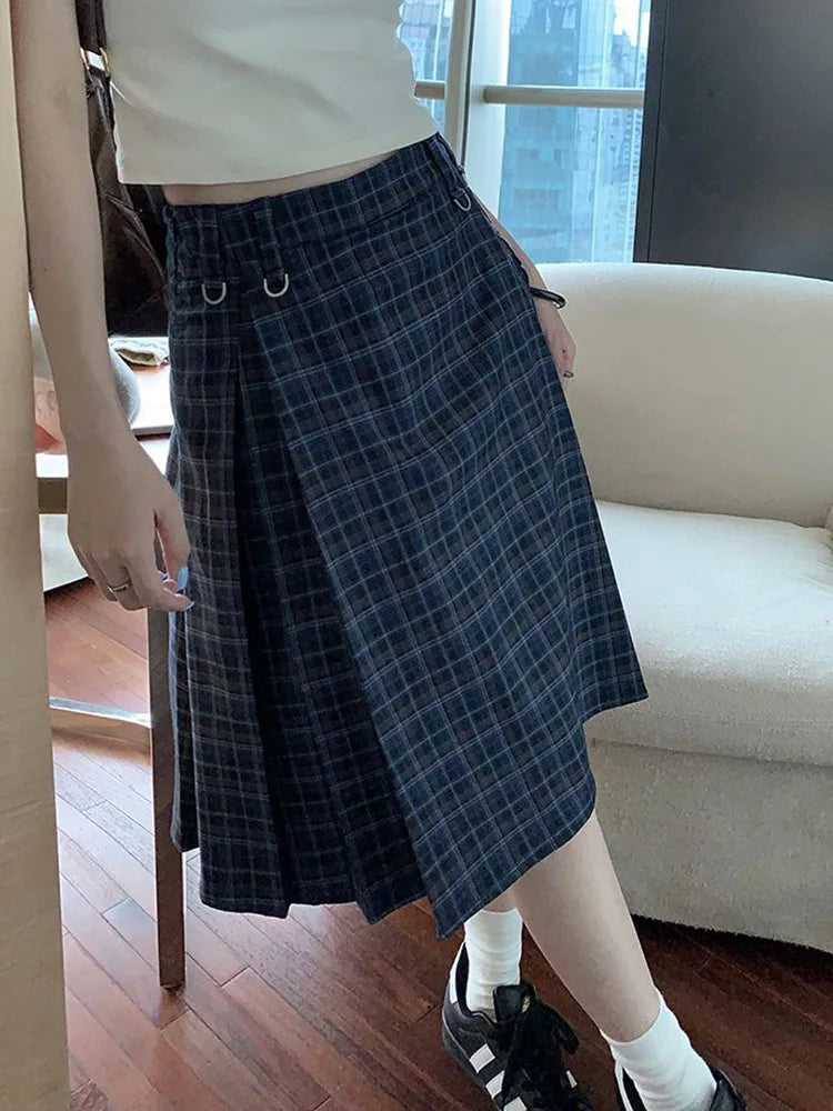 Spring Vintage Plaid Midi Skirt Women High Waist Preppy Style Slim Sweet Pleated Skirts Casual Retro Korean Ins A Line Skirt New