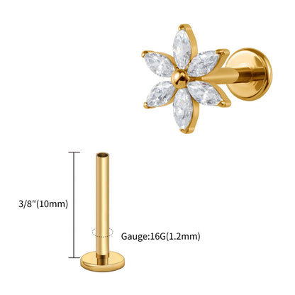 Right Grand ASTM F136 Titanium 16G Marquise Flower CZ Labret Stud Helix Conch Cartilage Tragus Flat Back Piercing Body jewelry