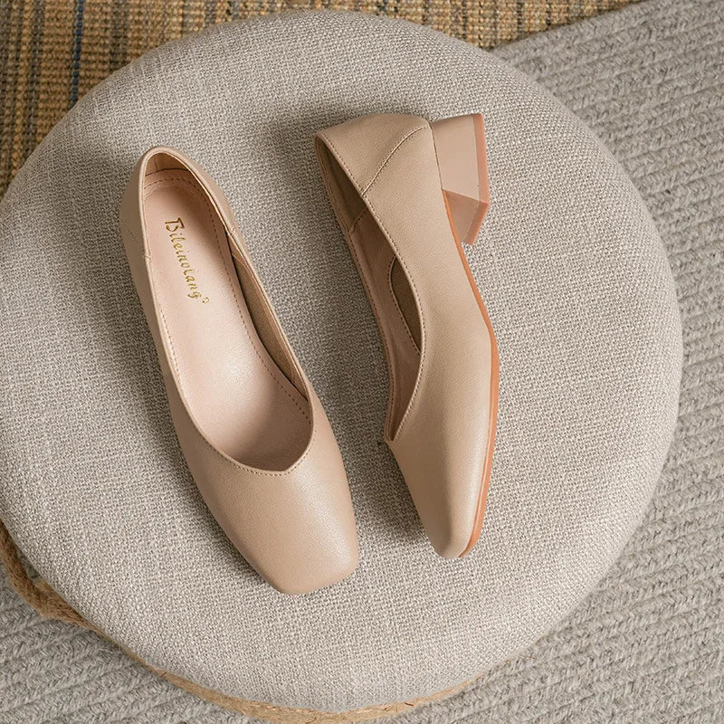 Woman Elegant Square Toe Concise Black 4CM High Heel Female Shallow Retro Mary Janes Comfortable Cute Loafers Lolita Shoes