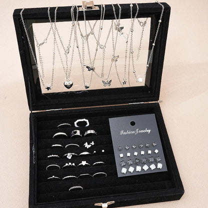 51 Pcs/Set Silver Color Chic Jewelry Set For Women Fashion Butterfly Heart Pearl Necklaces, Earrings, Rings, Match Daily Outfits