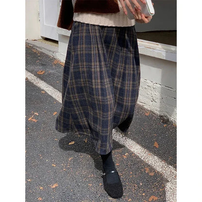 Women's Navy Plaid A-Line Wool Skirt