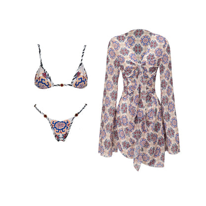 Push Up 2026 New Retro Prints 3 Pieces Bikinis Sets With Mesh Pants Beachwear Sexy Women's Swimsuit Cover-ups Strappy Beach Wear