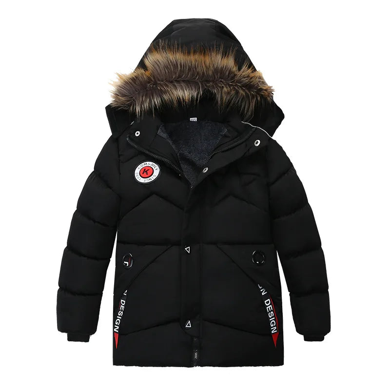 2-8 Years Winter Boys Jacket Thick Keep Warm Lining Plush Detachable Hat Hooded Fur Collar Coat For Kids Children Outerwear