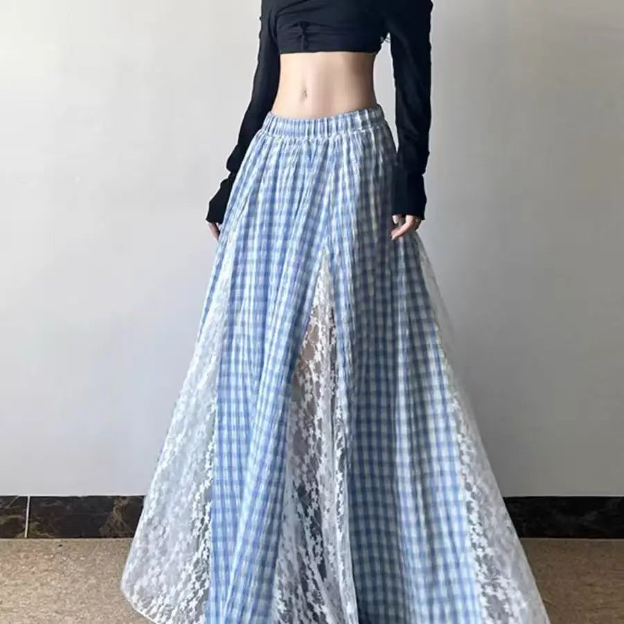 Elegant Blue Plaid Lace Patchwork High Waist Midi Skirt Slimming Unique Design Korean Style Casual Commute Long Skirt