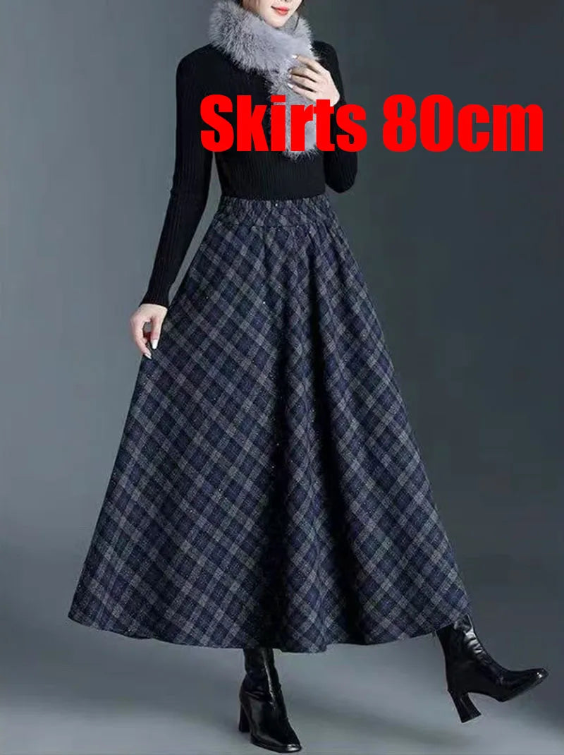 Vintage Plaid Midi Skirts for Women Korean High Waist Casual Faux Wool Skirts Y2K Elegant Office Lady All Match A Line Skirts