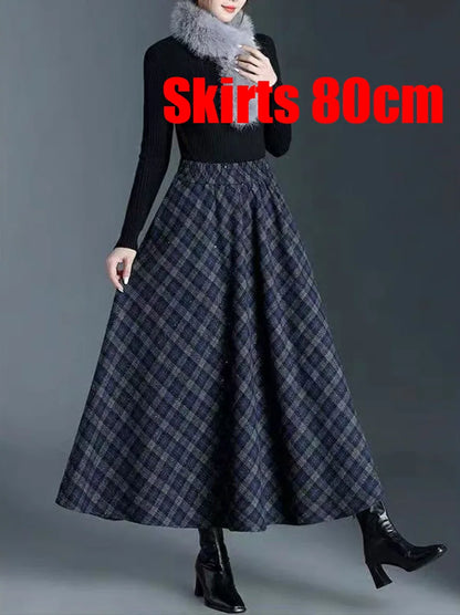 Vintage Plaid Midi Skirts for Women Korean High Waist Casual Faux Wool Skirts Y2K Elegant Office Lady All Match A Line Skirts