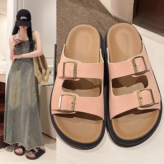Smile Women's Sandals New Summer Soft-soled Platform Sandals Roman-style Slippers With Belt-buckle Popular Slip-on Flat Slippers
