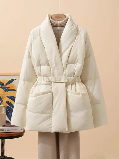 New Fashion Temperament Cotton Coat Women Winter Warm Solid Color V-neck Gathered Waist Jacket Coats Parkas with Belt