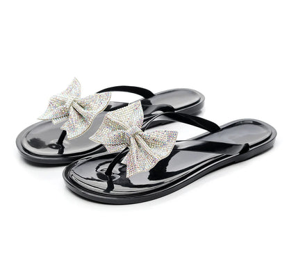 2024 Spring/Summer New Large Size Flip Flops Women Bow Knot Rhinestones Outdoor Leisure Beach Flat Home Sandals/Slippers