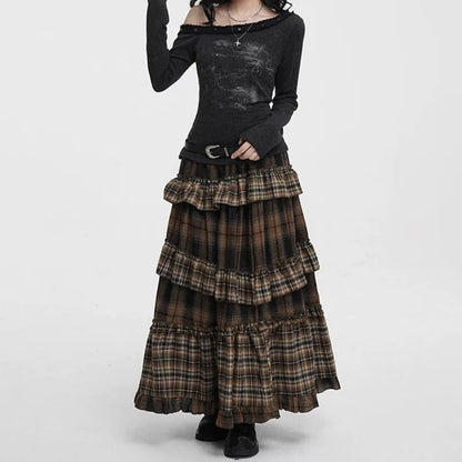 Midi Dress Vintage Plaid Skirt Women High Waist Skirt Ruffle Patchwork Irregular Hem Autumn Winter Line Slim Maxi Skirts Female