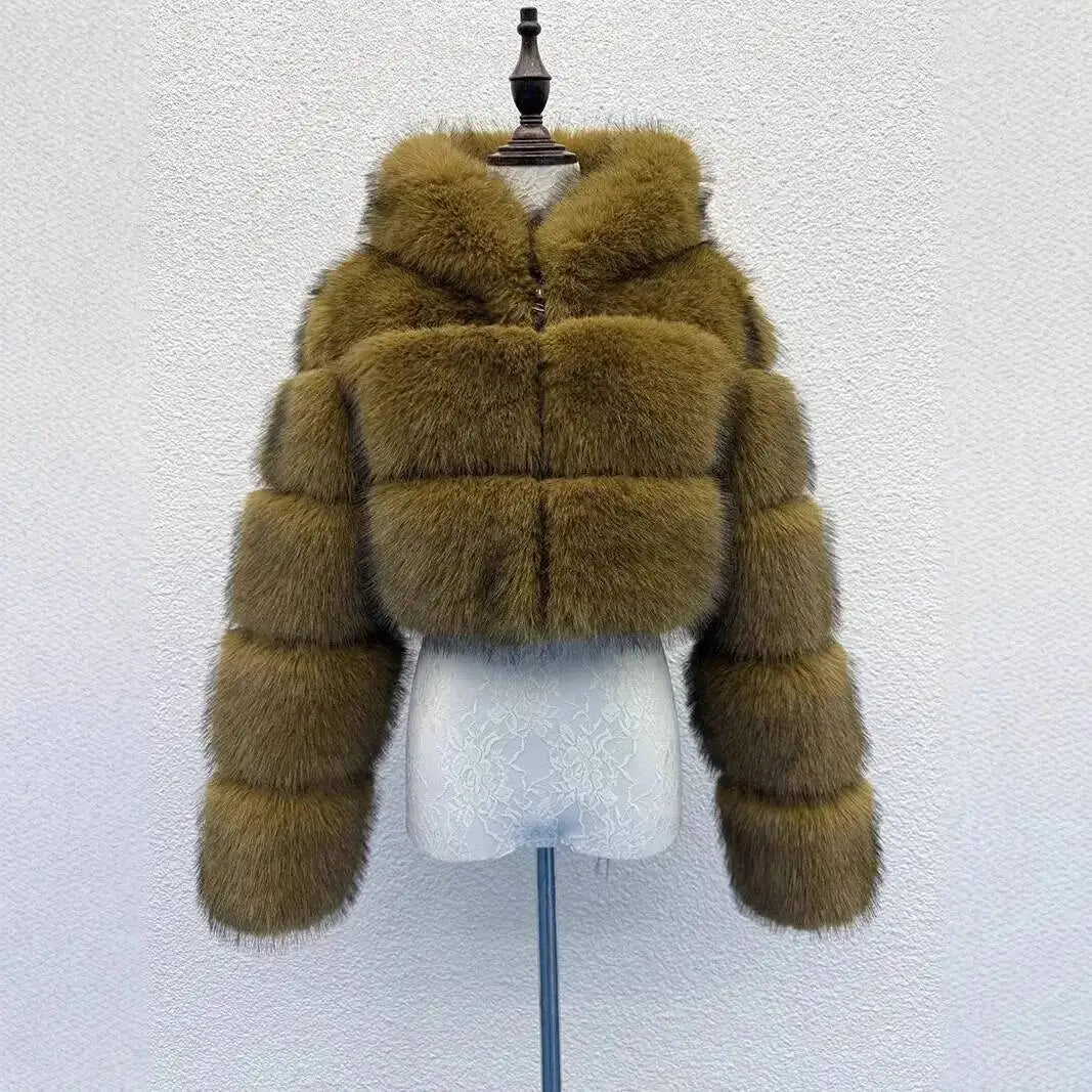 S-6XL Women Coat Autumn Winter Short Hooded Faux Fox Fur Coat Thick Warm Outerwear Fake Fur Woman Jackets Ladies Furry Coats
