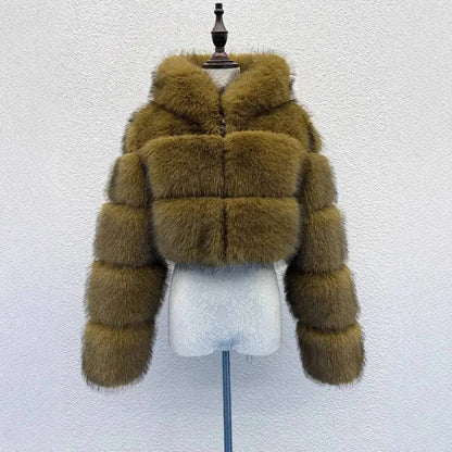 S-6XL Women Coat Autumn Winter Short Hooded Faux Fox Fur Coat Thick Warm Outerwear Fake Fur Woman Jackets Ladies Furry Coats