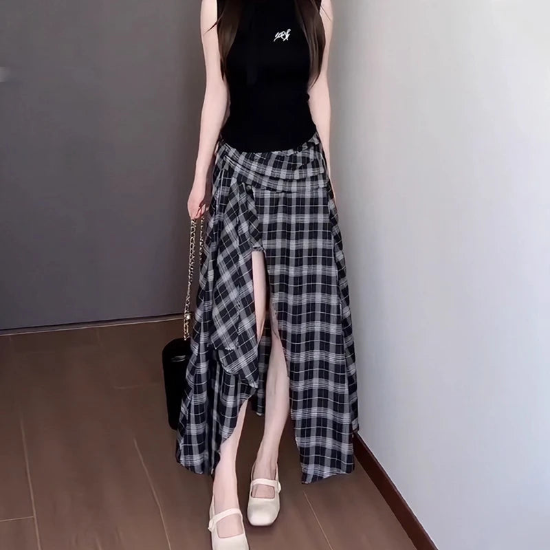 High Waist Asymmetric Plaid Skirt for Women Summer Breathable Comfortable A-Line Midi Skirt Slimming Design Split Front