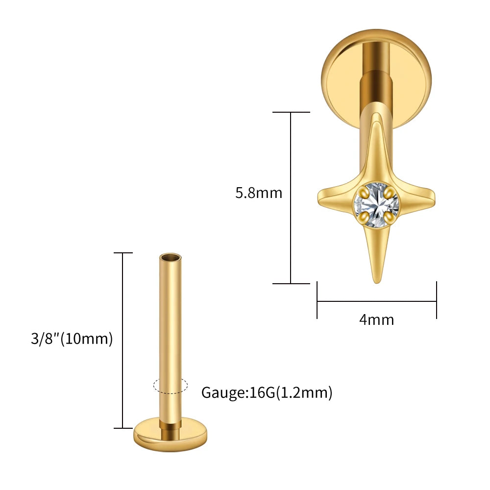 Right Grand ASTM F136 Titanium Four Point Star Flat Back Stud 16G Tiny CZ Cartilage Earring Helix Tragus Nose Piercing Jewelry