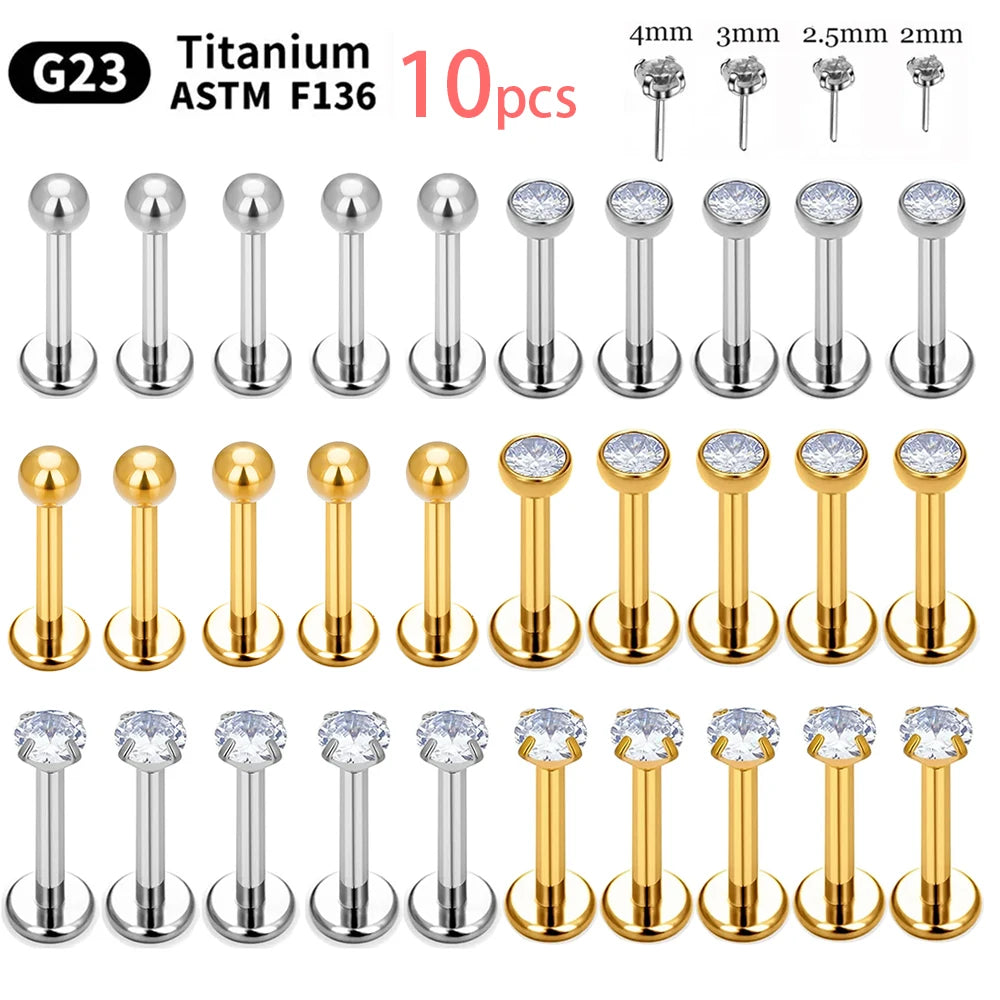 1.5mm/2mm/3mm/4mm 10pcs G23 Titanium Piercing Labret Lip Stud Earrings for Women Wholesale Body Jewelry Nasal 20/18/16G Labret