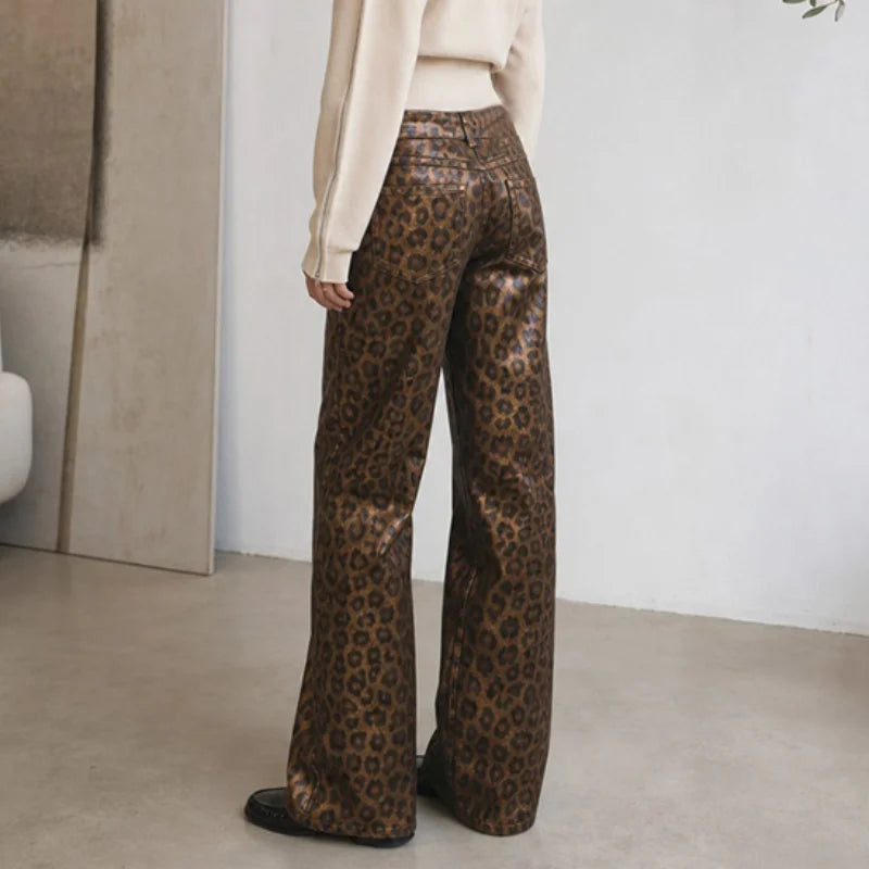 Leopard Print Luster Wide Leg Pants Vintage High Waist Straight Trousers 2026 New Casual Club Daily Street Women's Bottom