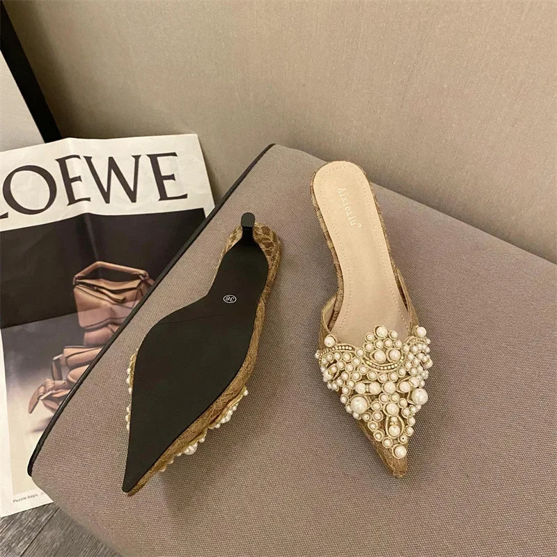 New Slippers Fashion Pointy Head Pearl Half Slippers Fine Heeled Sandals Women's Shoes 42 Yards Middle Heeled Mules Shoes