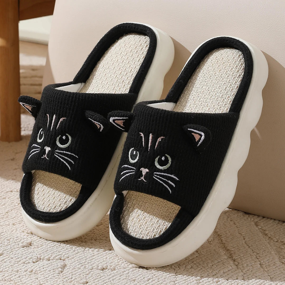 Kidmi Cute Kitty Women Slippers Fashion Breathable Indoor House Slippers Sweat-absorbing Linen Antiskid Slippers Casual Slippers