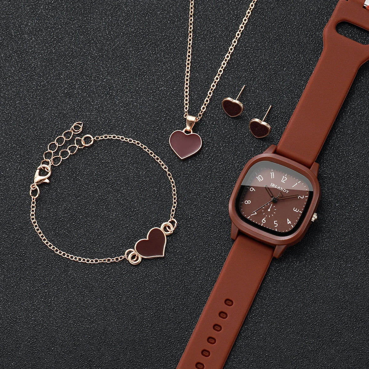5PCS Fashion Square Women Quartz Watch Heart Jewelry Set Casual Silicone Strap Ladies Wristwatches Relogio Feminino (Without Box
