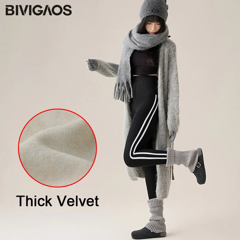 BIVIGAOS New Autumn White Striped Light Fleece Leggings Women Winter Pants High Waist Slim Velvet Thick Sport Warm Leggings