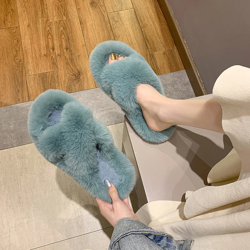 Fashion One Word Thick Fur Slippers Double Fur Slippers Casual Home Cotton Shoes for Women Flat Plush Cross Straps Slippers2025
