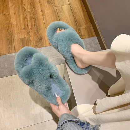 Fashion One Word Thick Fur Slippers Double Fur Slippers Casual Home Cotton Shoes for Women Flat Plush Cross Straps Slippers2025
