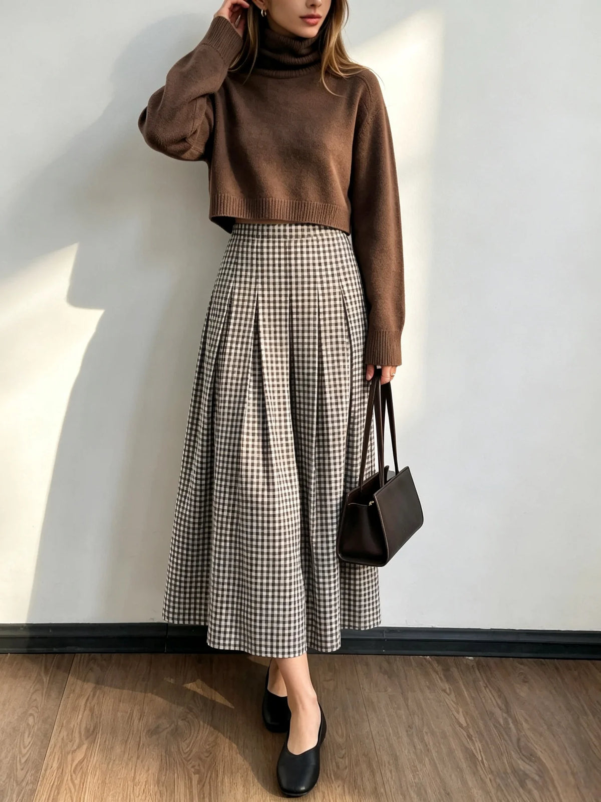 Women Spring Autumn Plaid Midi Skirt,High Waist Pleated A‑Line Long Skirt,Vintage Checkered Flowy Swing Skirts