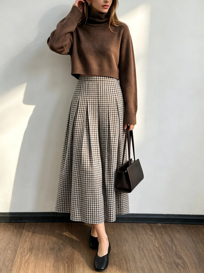 Women Spring Autumn Plaid Midi Skirt,High Waist Pleated A‑Line Long Skirt,Vintage Checkered Flowy Swing Skirts