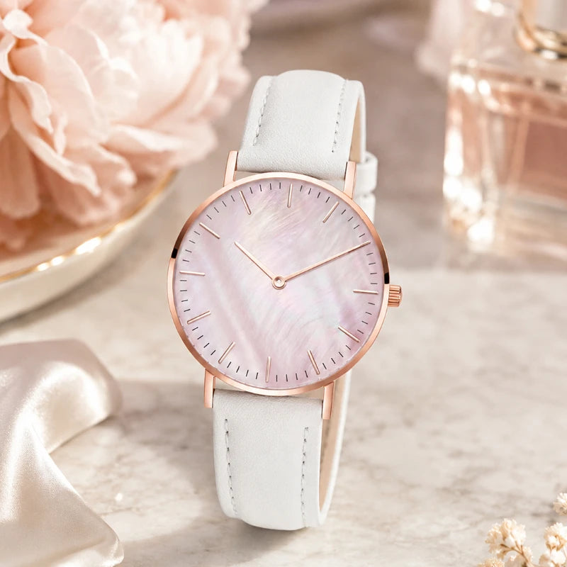Elegant Pink Shell Dial Women's Watch Minimalist Quartz Ladies Wristwatch with Leather Strap Fashion Woman Watches Gift Reloj