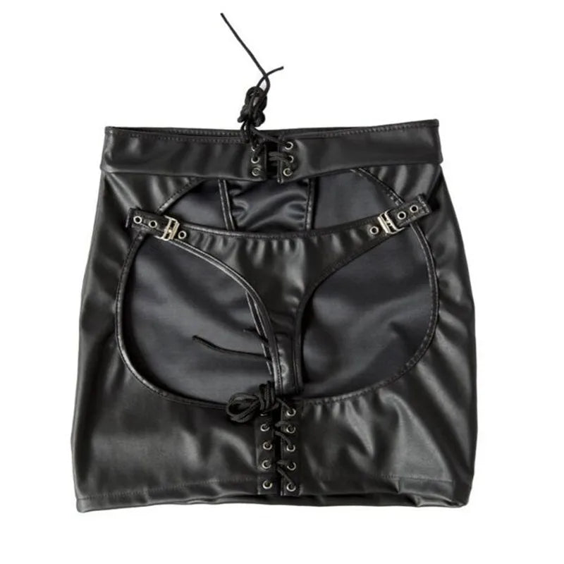 S-XXL Black PVC Bandage Mini Skirt & Thong Set Sexy Faux Leather Stage Show Costume for Women