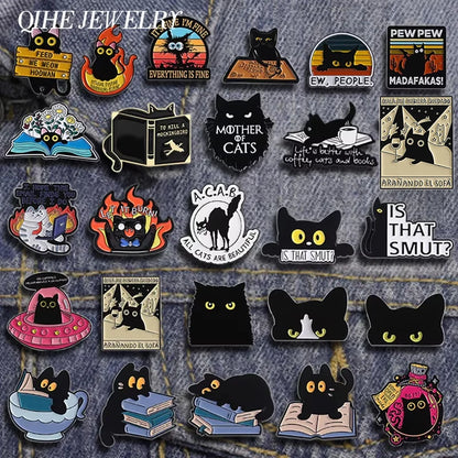 31 Types Cartoon Punk Black Peeping Cat Brooch Enamel Pins Cute Cat Reading Book Brooches Bag Lapel Badge Jewelry Gifts Friends