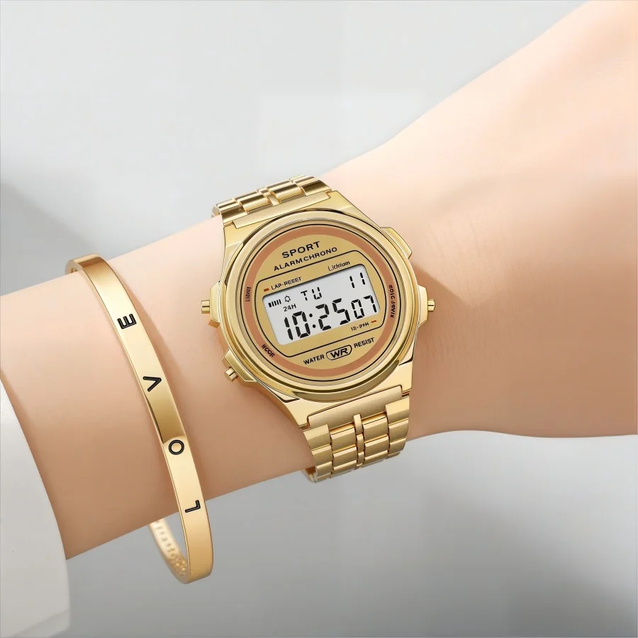 Women Casual LED Electronic Watch Retro Stainless Steel Men Women Unisex LED Digital Watch Multifunction Waterproof Wristwatch