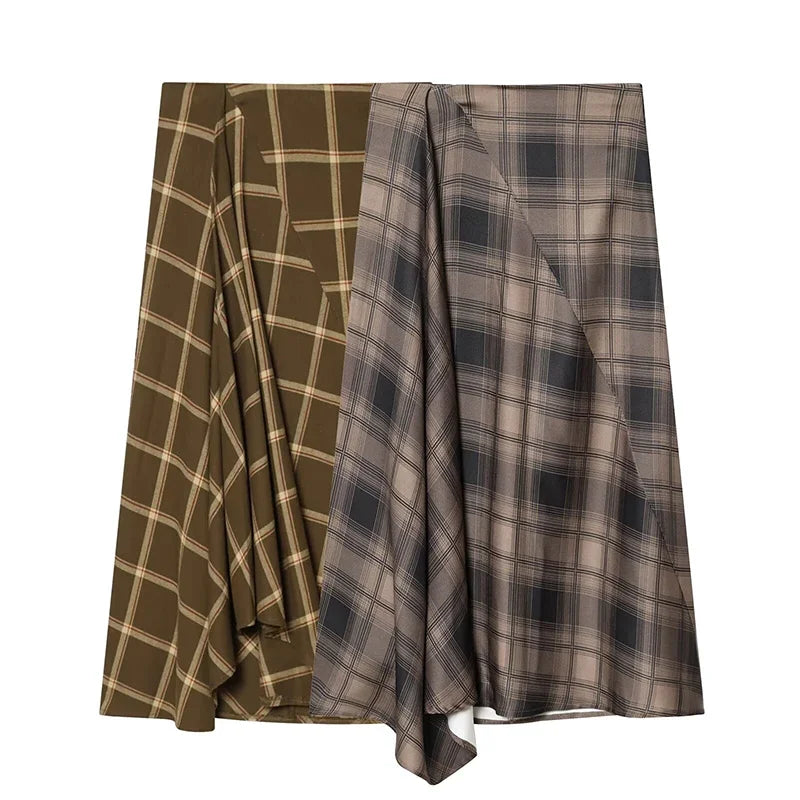FANAN Women Fashion Plaid Pleated Side Zipper Midi Skirt Vintage High Waist Female Chic Lady Skirts