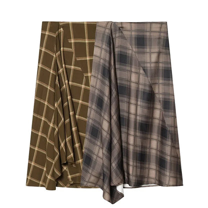 FANAN Women Fashion Plaid Pleated Side Zipper Midi Skirt Vintage High Waist Female Chic Lady Skirts