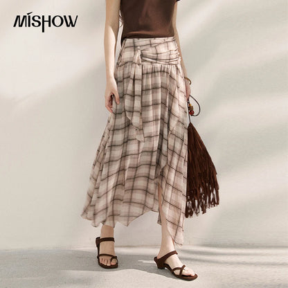 MISHOW New French-style Plaid Chiffon High-waist Skirt 2026 Summer Elegant Irregular Invisible Zipper Dress for Women MXF21B2493