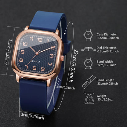 Fashion Square Women Watch Blue Silicone Strap Casual Quartz Wristwatches Ladies Dress Clock Relogio Feminino（Without Box）