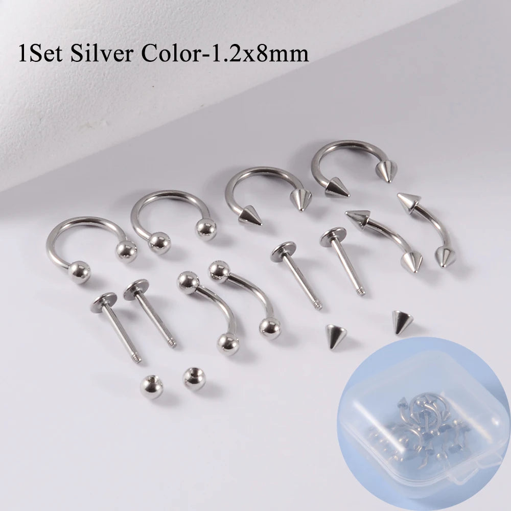 12pcs/Set Surgical Steel Silver Color Gold Plated Black Rainbow Ear Nose Eyebrow Labret Basic Piercing Jewelry Set 8mm