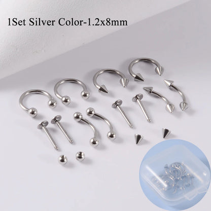 12pcs/Set Surgical Steel Silver Color Gold Plated Black Rainbow Ear Nose Eyebrow Labret Basic Piercing Jewelry Set 8mm