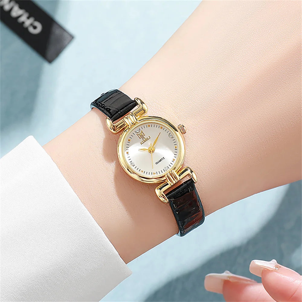 Fashion 2024 New Ladies Small Simple Diamonds Quartz Watch Black Leather Women's Dress Clock Gift Wristwatch