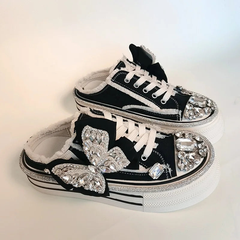 High Quality Shiny Sequined Slippers Flat Shoes Crystal Pearl Studs Canvas Shoes Loafers Shiny Women's Vulcanized Slippers