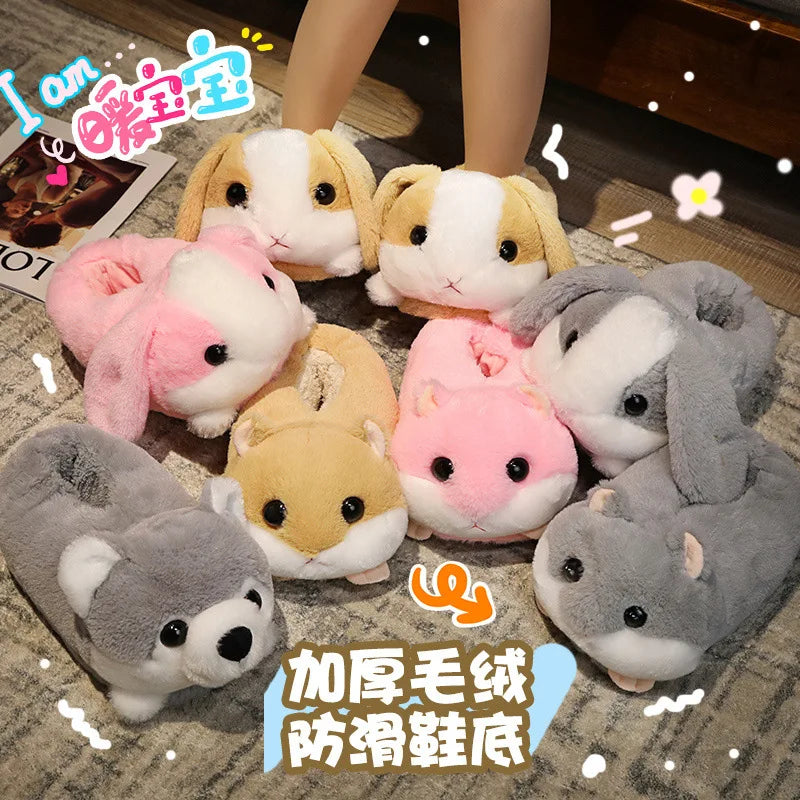Winter Funny Slippers Women Cute Rabbit Husky Shoes Indoor Home Warm Plush Soft Sole Girl Cartoon Hamster Flurry Winter Footwear